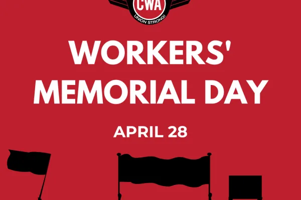 Red graphic with white text that reads "Workers Memorial Day April 28"